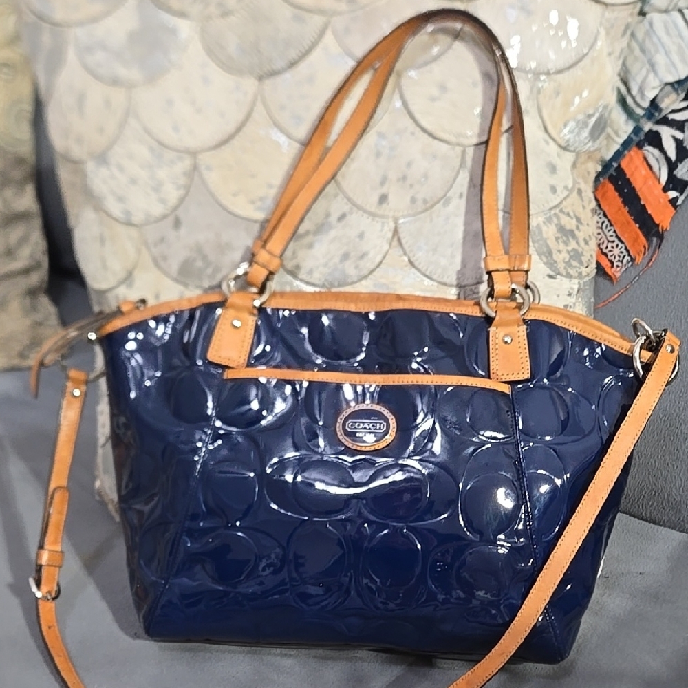 Coach Peyton Navy Patent Tote with Tan Leather Trim